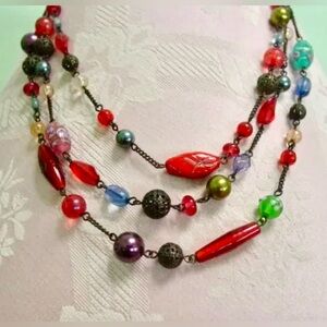 Vintage Lamp works Art Glass Necklace Triple strand colorful Bohemian boho Artsy